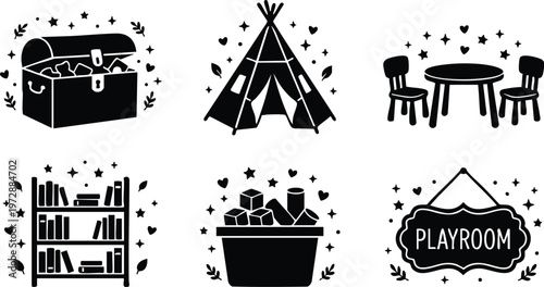 Black and white playroom icons with toy chest tent table chairs bookshelf and blocks basket