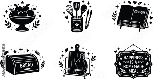 Black and white kitchen utensils cutting boards and wholesome homemade meal lettering vector art