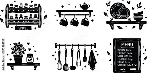 Black and white kitchen utensils spice rack plant and menu board vector art