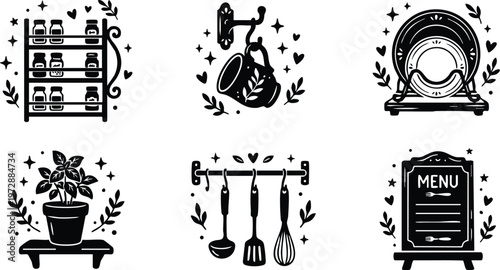 Black and white kitchen utensils spice rack and menu board vector art set