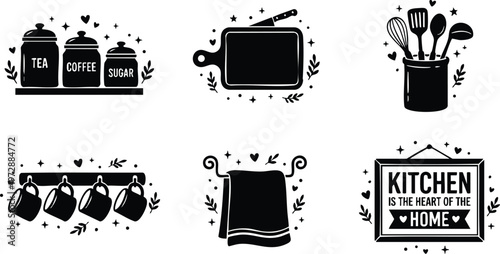 Black and white kitchen jars cups and utensils vector art with kitchen is the heart of the home lettering