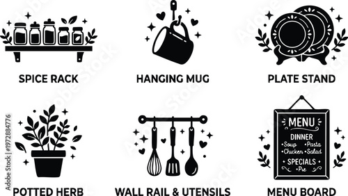 Black and white flat kitchen icon set with spice rack hanging mug plate stand potted herb wall rail and menu board