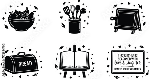 Black and white kitchenware icons with bread box and inspirational quote flat design