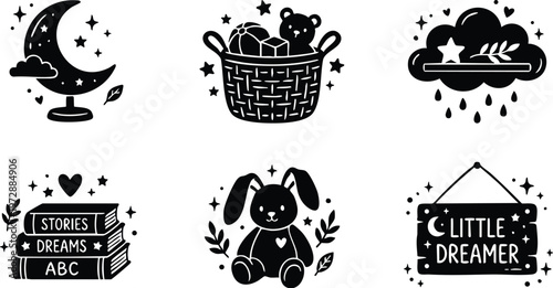 Moon cloud books bunny and toy basket with little dreamer sign