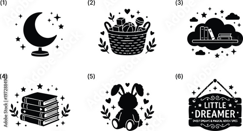 Little dreamer sign with sweet dreams and magical adventures text in hanging plaque vector art