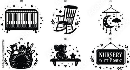 Black and white nursery icons including crib rocking chair toys and nursery sign vector art