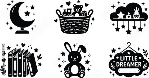 Black and white childrens room icons with moon basket books bunny and little dreamer sign
