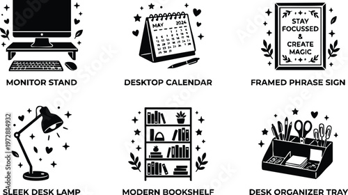 Desktop calendar and office supplies with motivational framed phrase