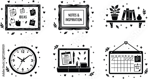 Black and white line art office organization icons with notes plants clock and calendar