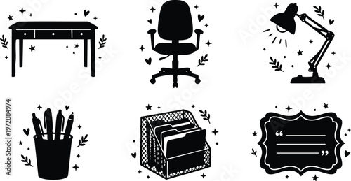 Black and white office desk chair lamp pencil holder file organizer and quotation frame icons