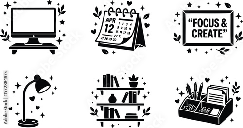 Workspace items with motivation quote and calendar