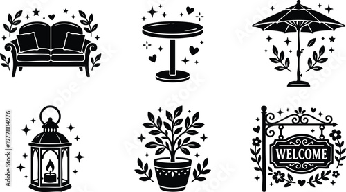 Black silhouette welcome sign potted plant lantern umbrella sofa table decorative vector art