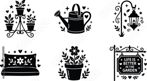 Black and white floral garden icons with watering can lamp and garden sign