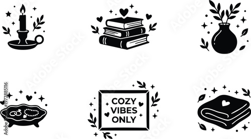 Black and white cozy vibes only lettering with candle books vase and blanket icons