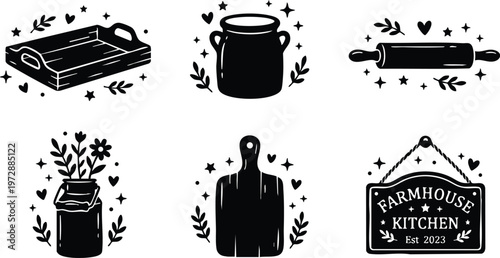 Farmhouse kitchen sign cutting board rolling pin and garden jar kitchen tools black and white vector art