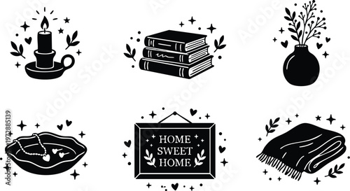 Black and white home sweet home sign with candle stack books and flowers vector art
