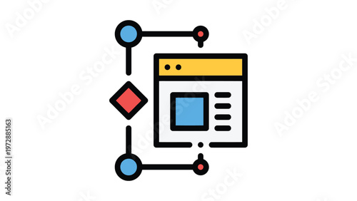 Illustration of web browser connected to a network flow diagram with nodes and paths Vector