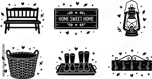Black and white home sweet home sign bench lantern basket and boots vector art