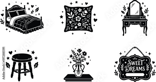 Bed pillow vanity stool vase and sweet dreams sign