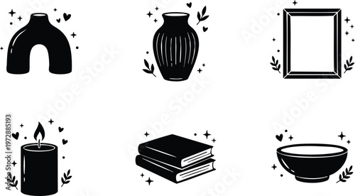 Black and white flat design home decor icons vase books candle bowl and picture frame