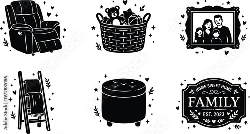 Black and white family home cozy furniture and basket vector art set