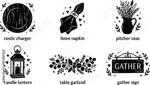 Black and white gather sign rustic charger candle lantern linen napkin pitcher vase and table garland vector art