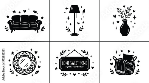 Black and white home sweet home sign with sofa lamp vase mirror and basket icons