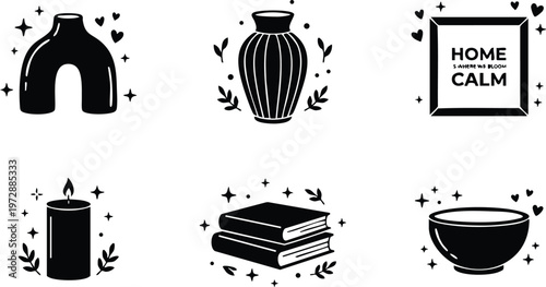 Black and white icons of home decor items and books with hearts and sparkles
