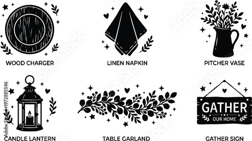 Black and white rustic gather sign wood charger linen napkin pitcher vase candle lantern table garland icons