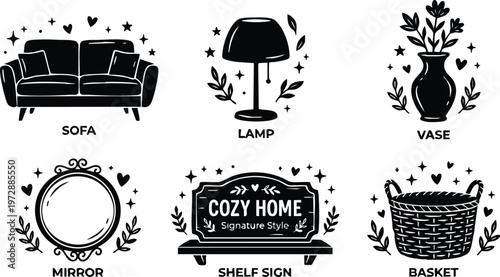 Black and white cozy home shelf sign with sofa lamp vase mirror and basket icons