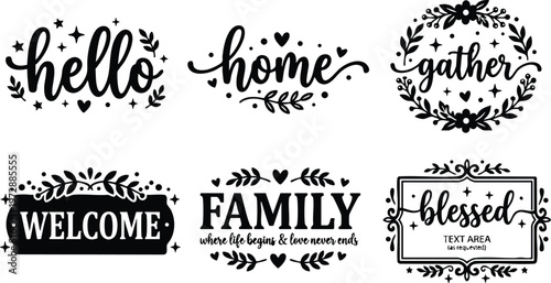 Hello home gather welcome family and blessed quotes with decorative floral ornament vector art