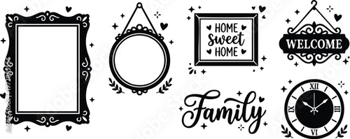 Black and white home sweet home family welcome sign and clock vector art
