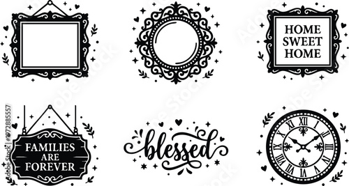 Black and white decorative frames with home sweet home blessing and clock vector art