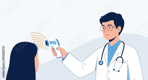 Doctor checking patient's temperature with infrared thermometer, health screening concept