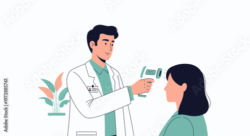 Doctor checking patient's temperature with infrared thermometer, health checkup, medical examination