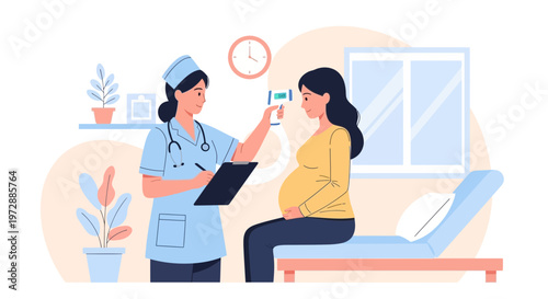 Doctor checking pregnant woman's temperature with thermometer in clinic