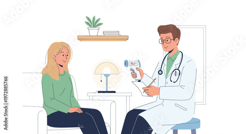 Doctor checking patient's temperature with infrared thermometer during medical checkup