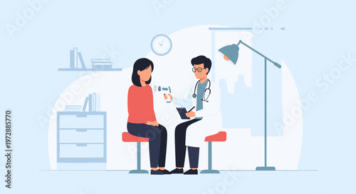 Doctor checking patient's temperature with infrared thermometer in clinic examination room