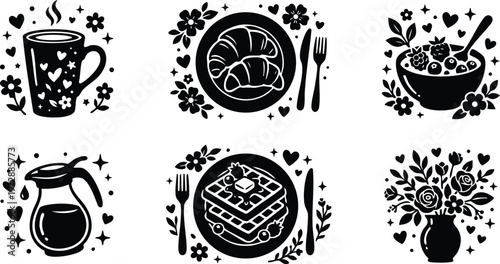 Breakfast food and flowers with hearts and stars