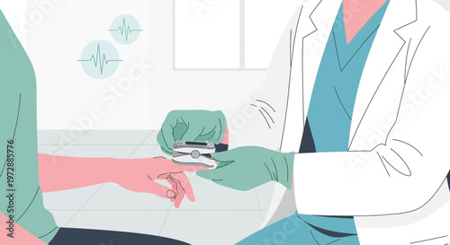 Doctor checking patient's oxygen saturation with pulse oximeter on finger, medical checkup