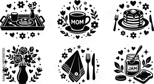 Black and white mom coffee cup with floral wreath and breakfast icons set