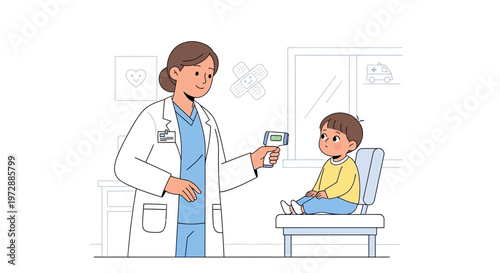 Doctor checks child's temperature with infrared thermometer in clinic, healthcare concept
