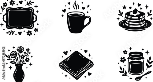 Coffee cup pancakes flowers napkin and jar