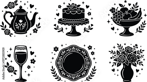 Black and white floral teapot cake fruit bowl wine glass decorative plate and flower vase vector art