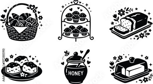 Muffins honey bread and croissants with floral decorations