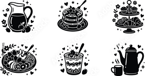 Breakfast foods with juice pancakes pastries fruit parfait and coffee pot