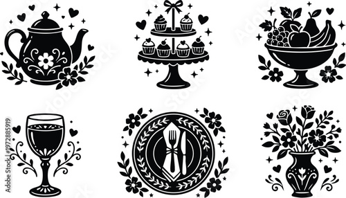 Black and white floral teapot cupcake stand fruit bowl wine glass and vase with flowers vector art
