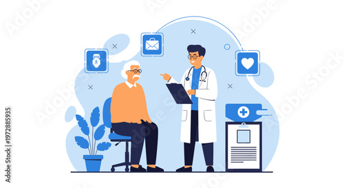 Doctor consulting elderly patient, healthcare, medical check-up, senior man at clinic, doctor's visit