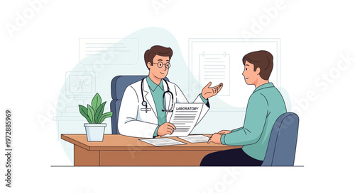 Doctor consulting patient in clinic, discussing medical history and treatment plan