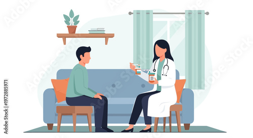 Doctor consulting patient at home, discussing medication and treatment plan